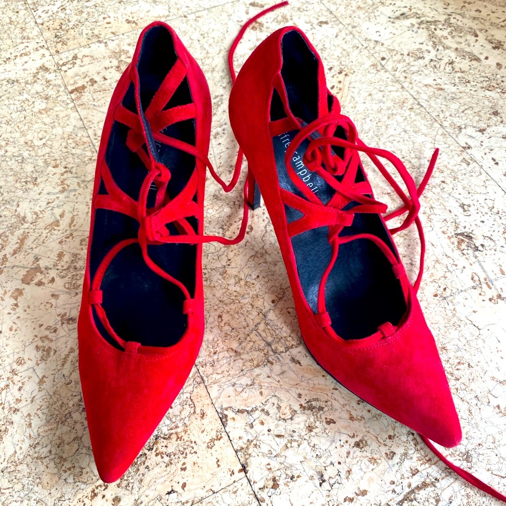 Jeffrey Campbell red suede stilettos.